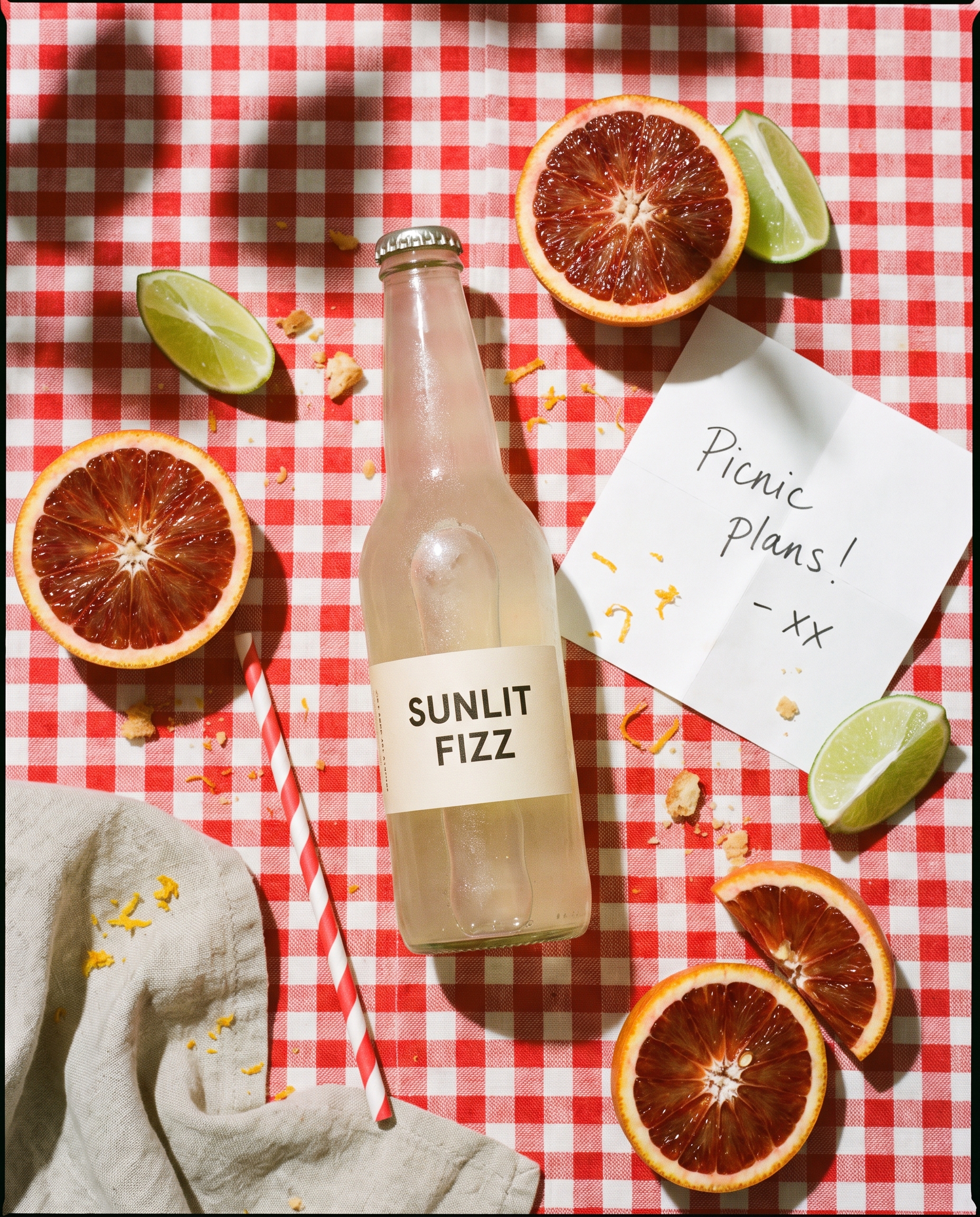 citrus soda picnic flat lay