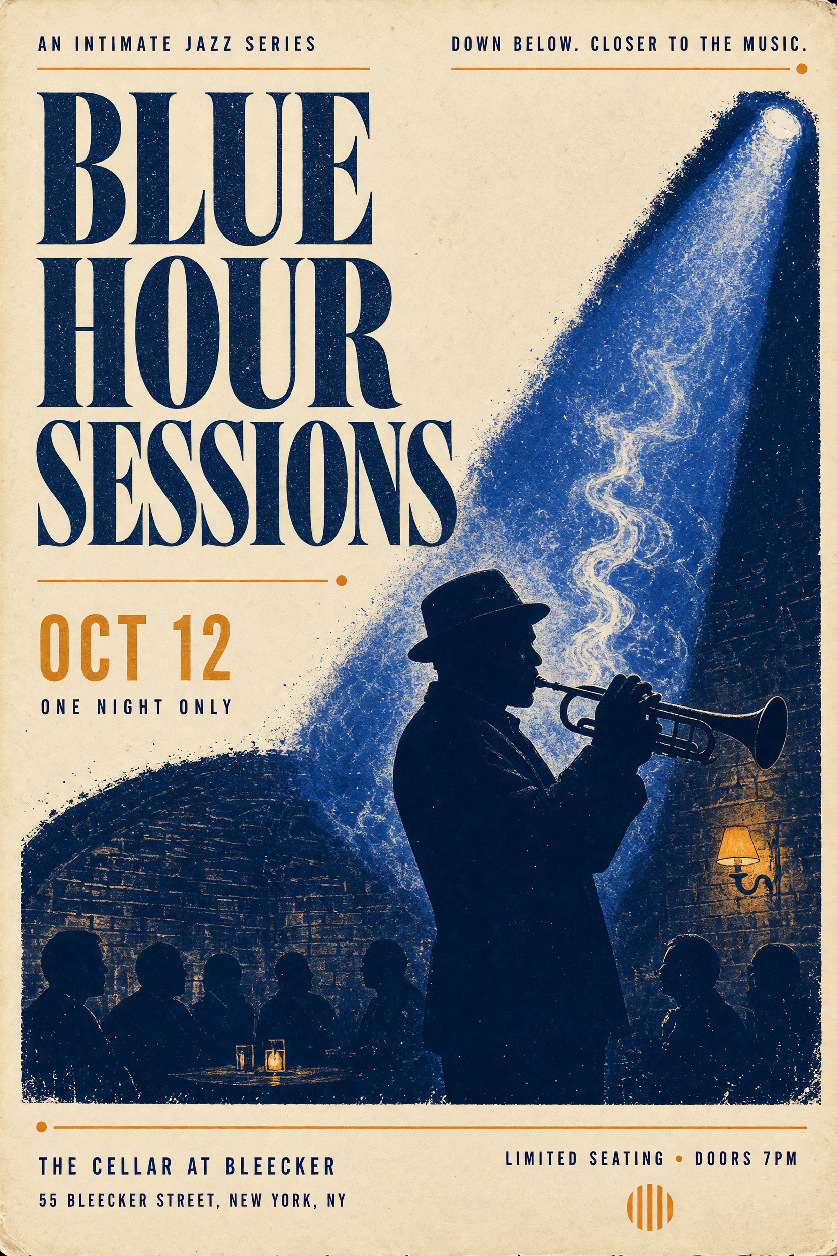 Blue Hour Sessions jazz cellar poster with readable typography