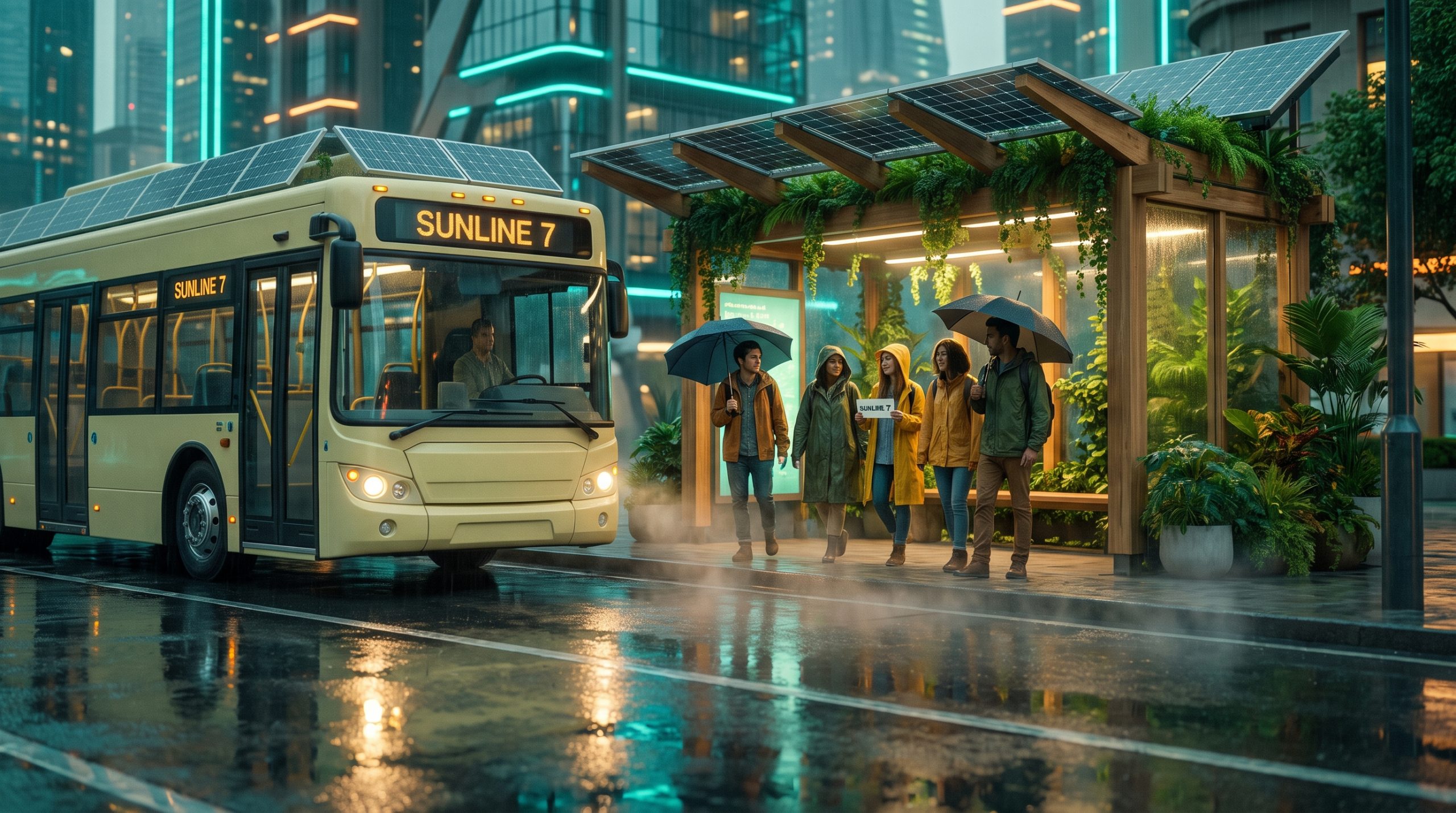 Solarpunk Bus Stop Wan 2.7 Prompt first frame with electric bus and umbrellas