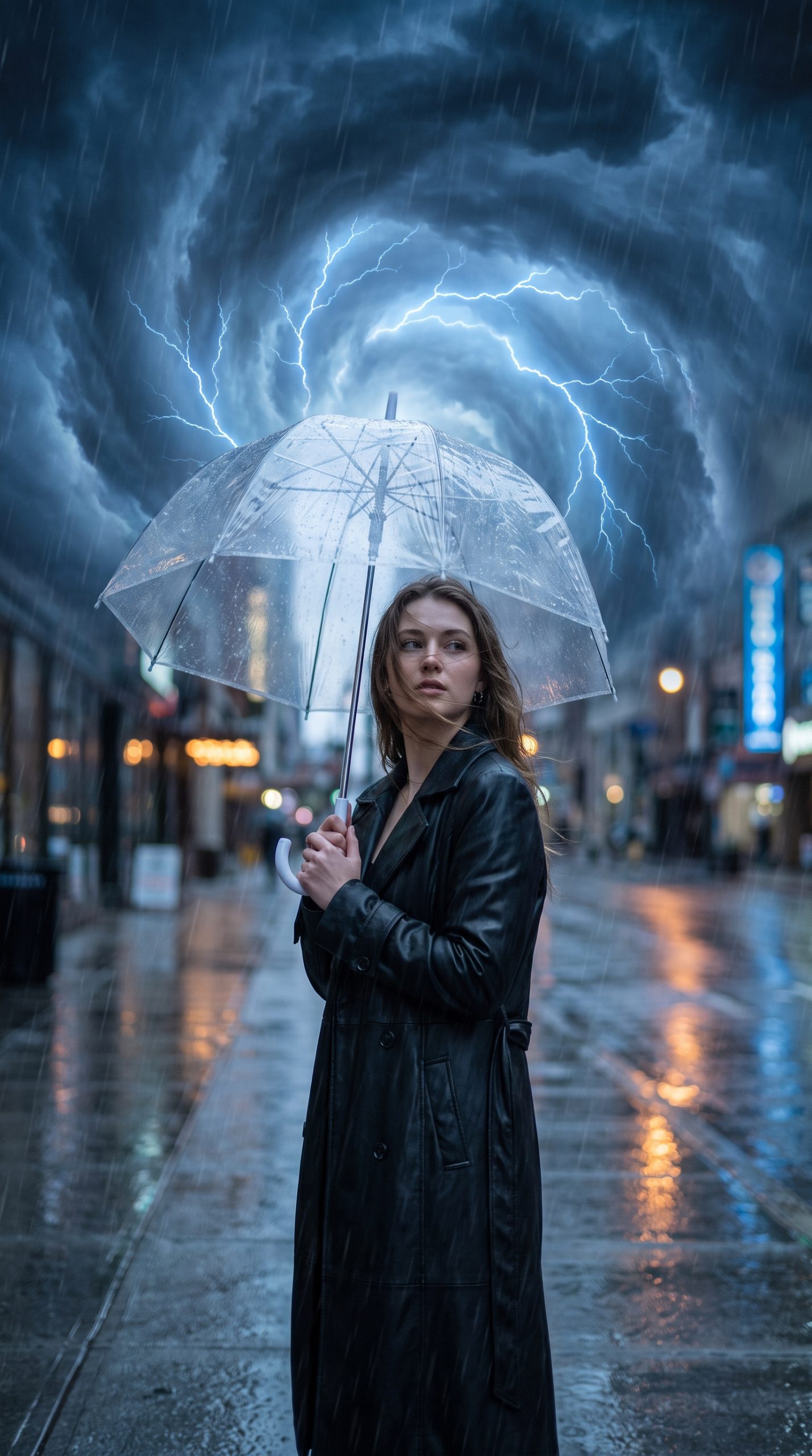 Storm aura portrait Nano Banana Pro prompt with a woman under an umbrella and a lightning cloud halo