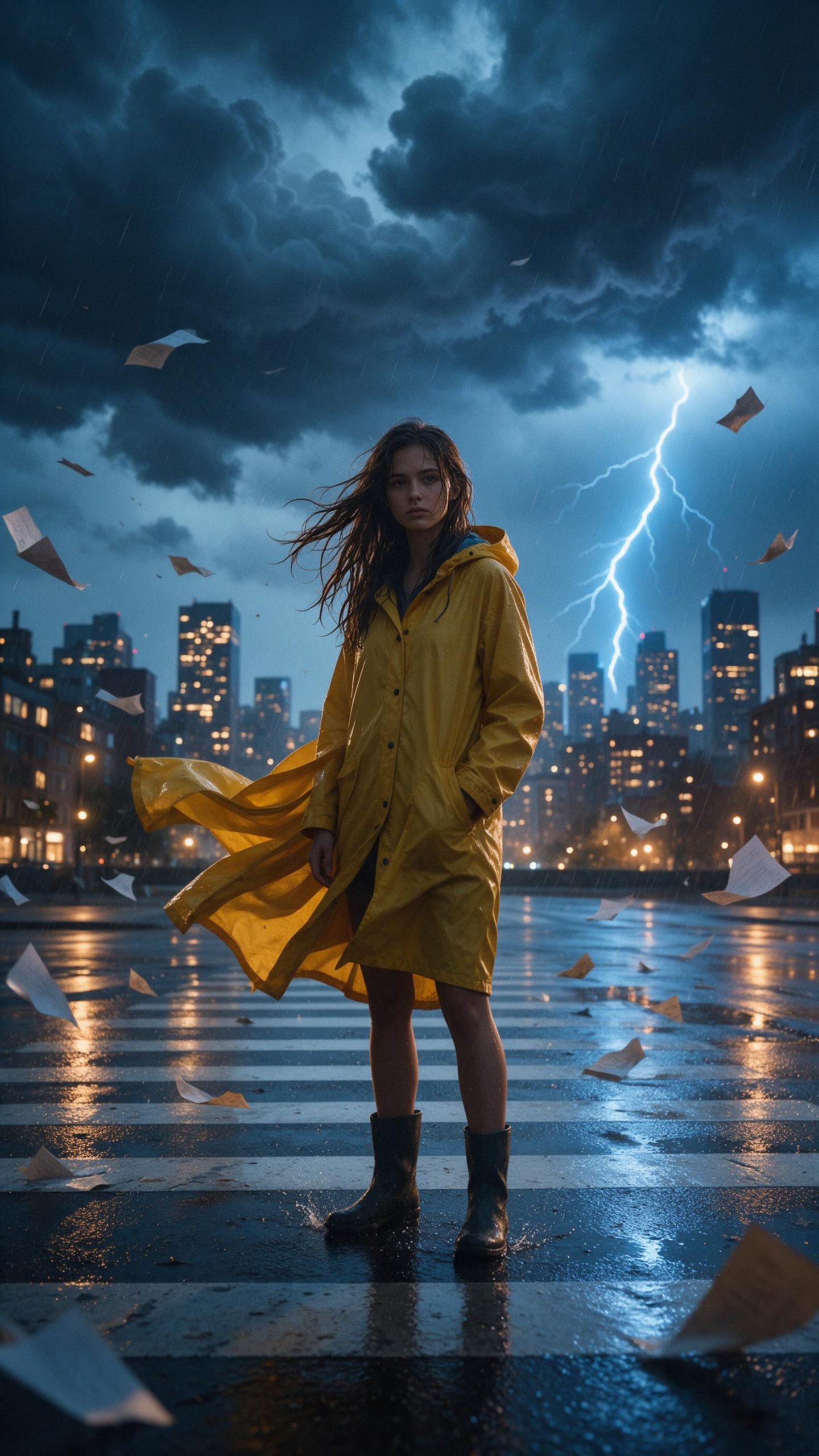 Storm Character Reveal Seedance 2.5 prompt poster frame with yellow raincoat and lightning