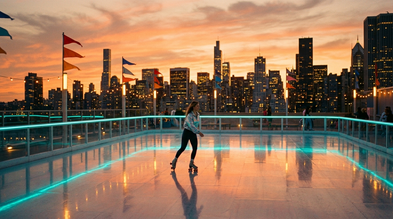 Sunset Roller Rink Seedance 2.0 Prompt first frame with rooftop skater