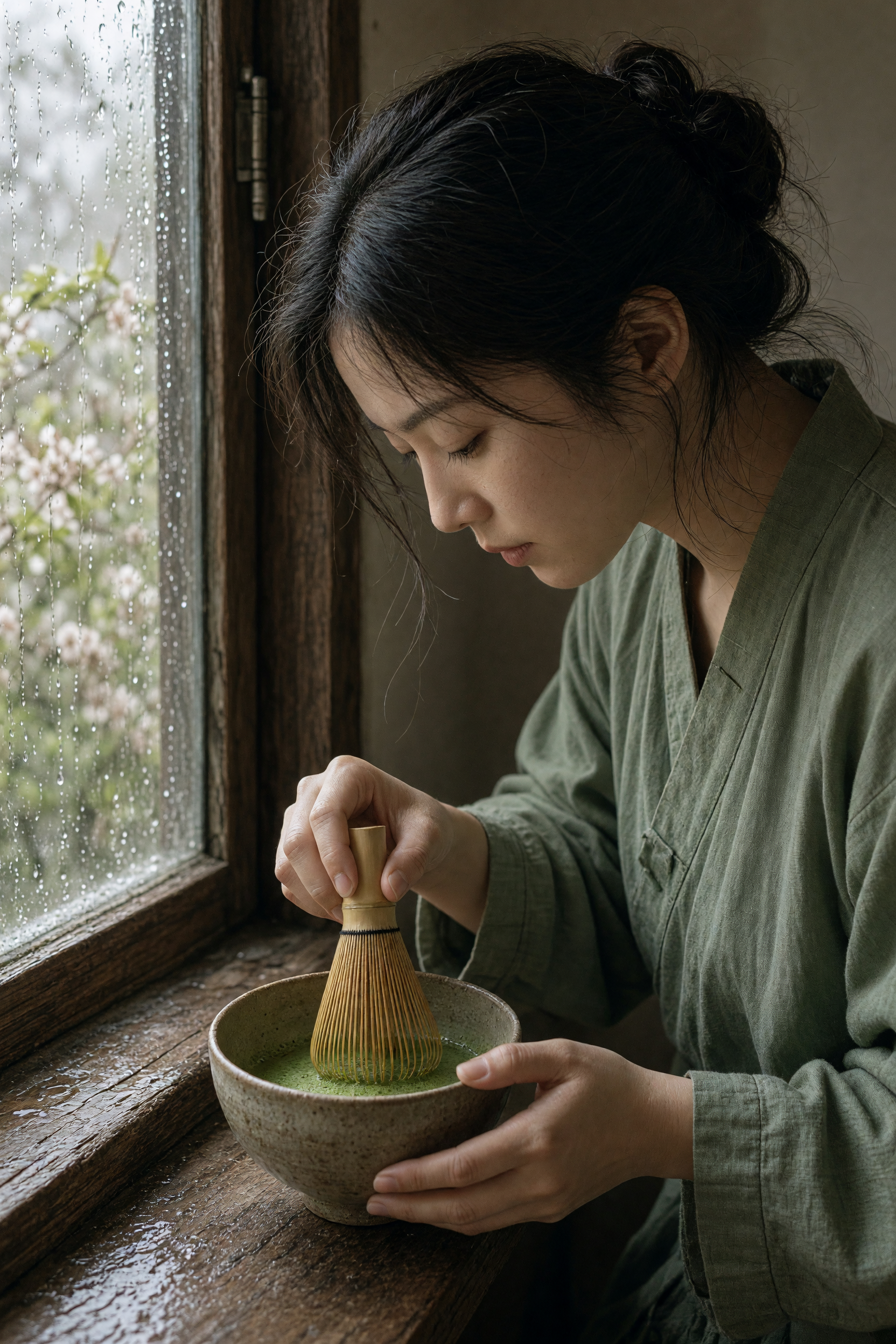Matcha maker by rainy window prompt output