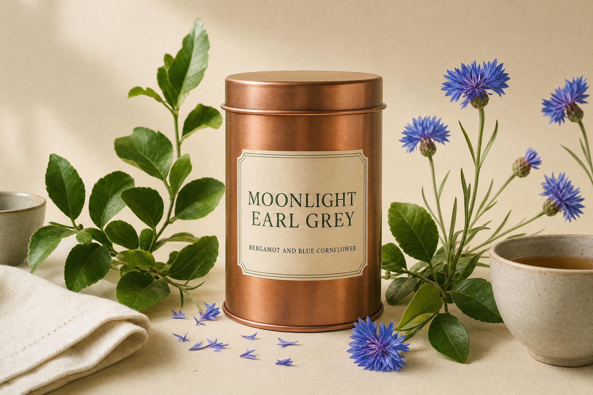 Tea tin GPT prompt with Moonlight Earl Grey label