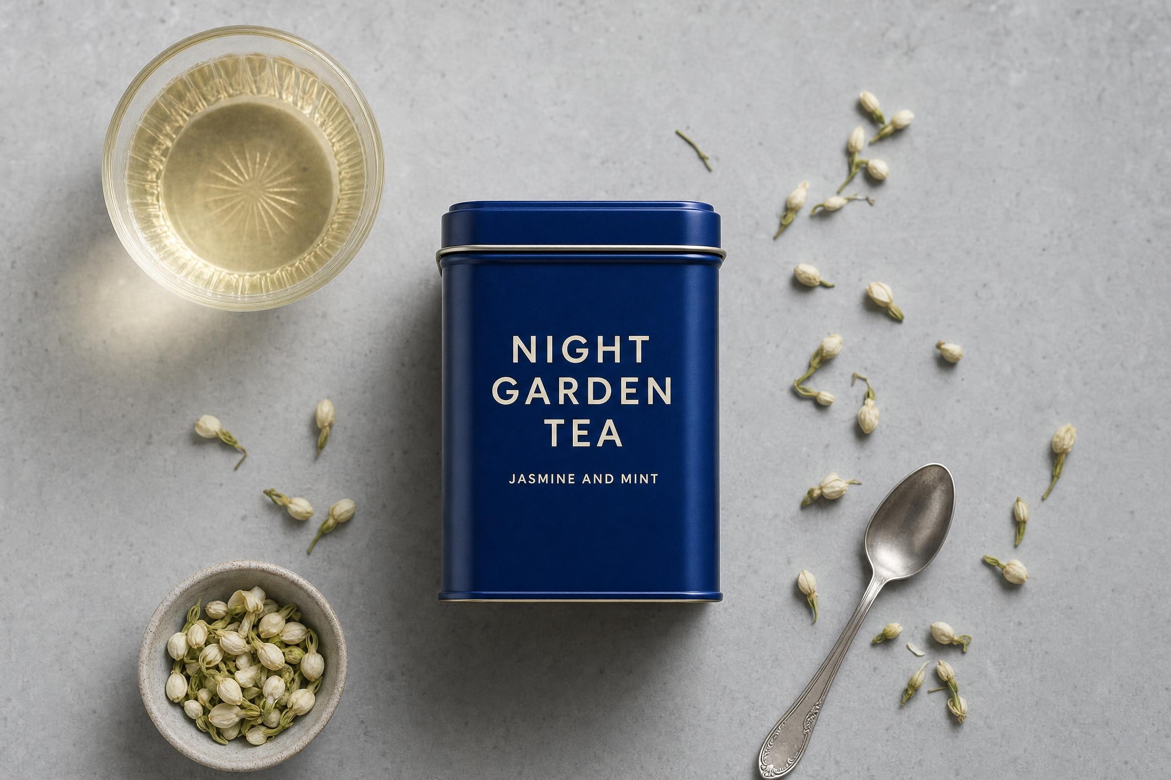 Blue Night Garden tea tin packaging