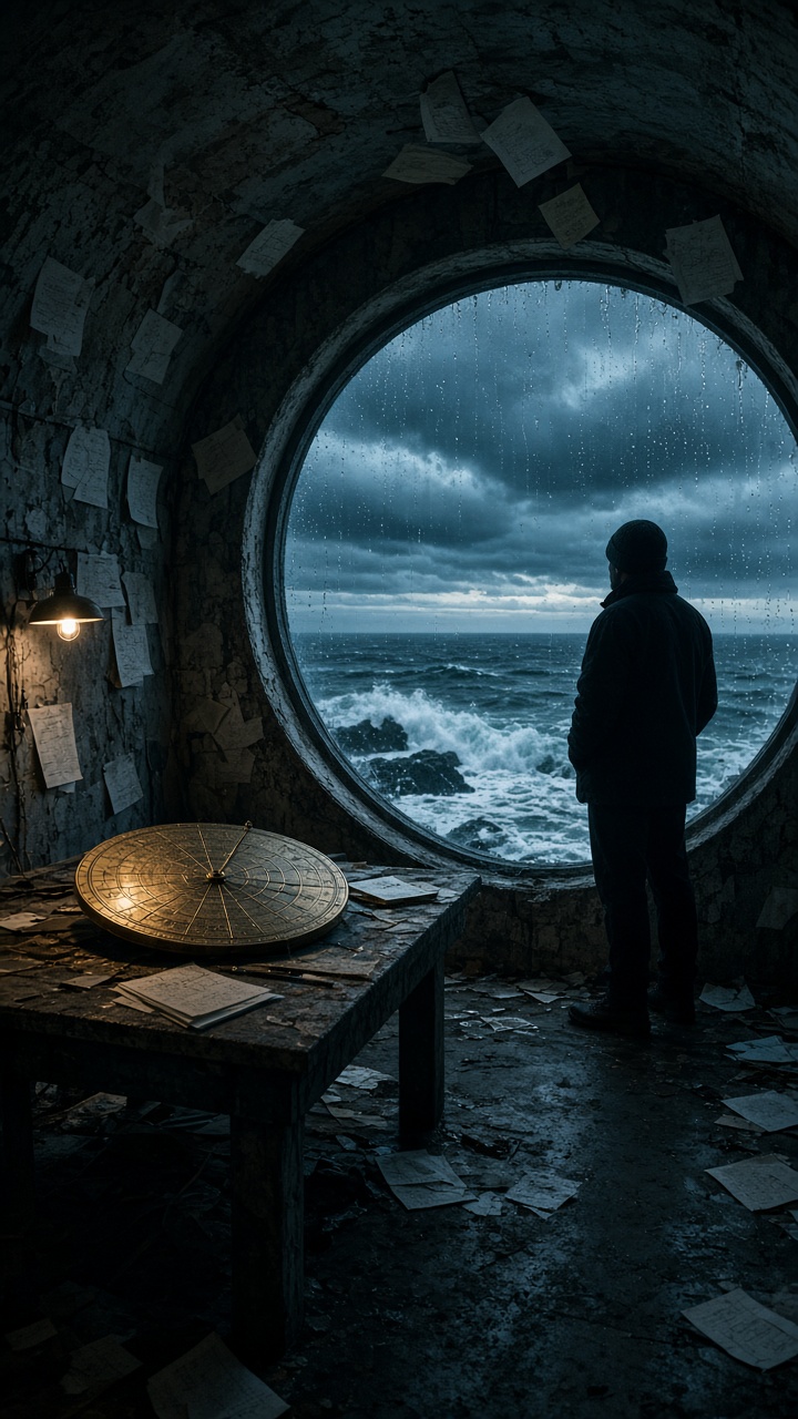 Tidal Observatory Grok Imagine Video 1.5 prompt input frame with astronomer and ocean window