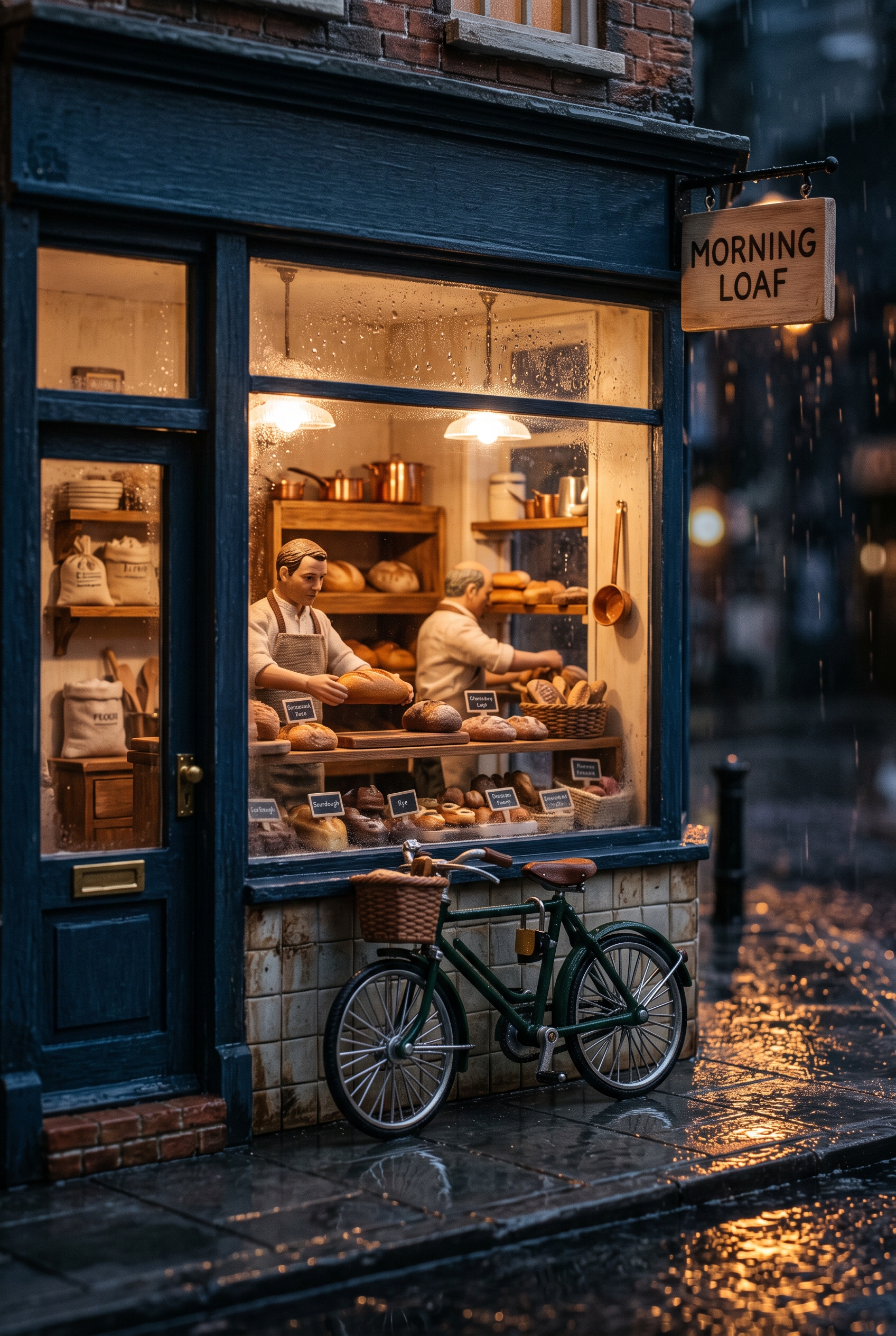 Tiny Bakery Window Nano Banana 2 Prompt showing a rainy miniature bakery with a readable MORNING LOAF sign