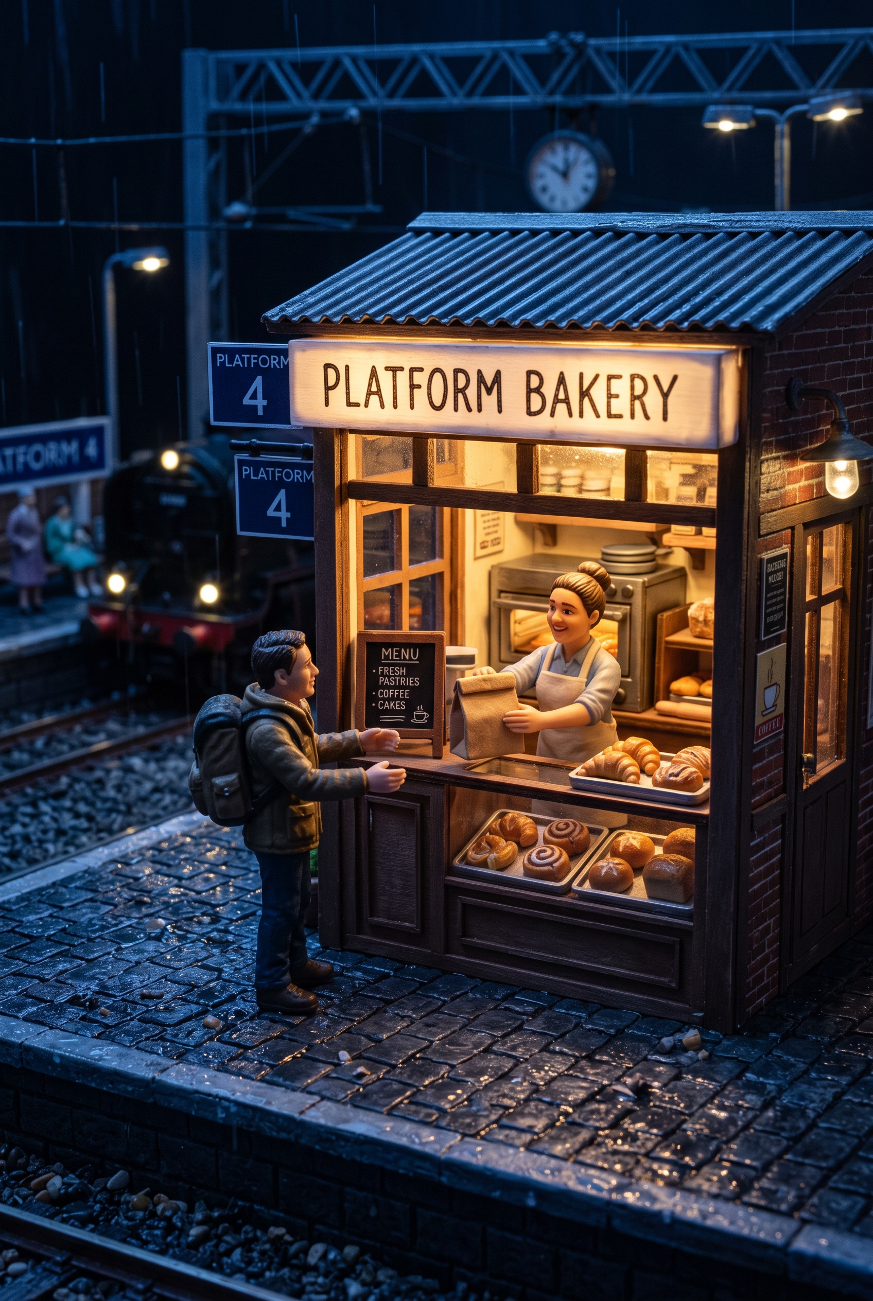 Nighttime miniature railway platform bakery variation