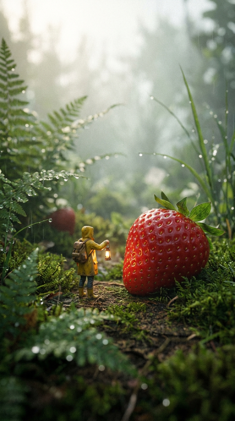Tiny garden explorer MiniMax H3 prompt poster frame with a yellow raincoat and giant strawberry