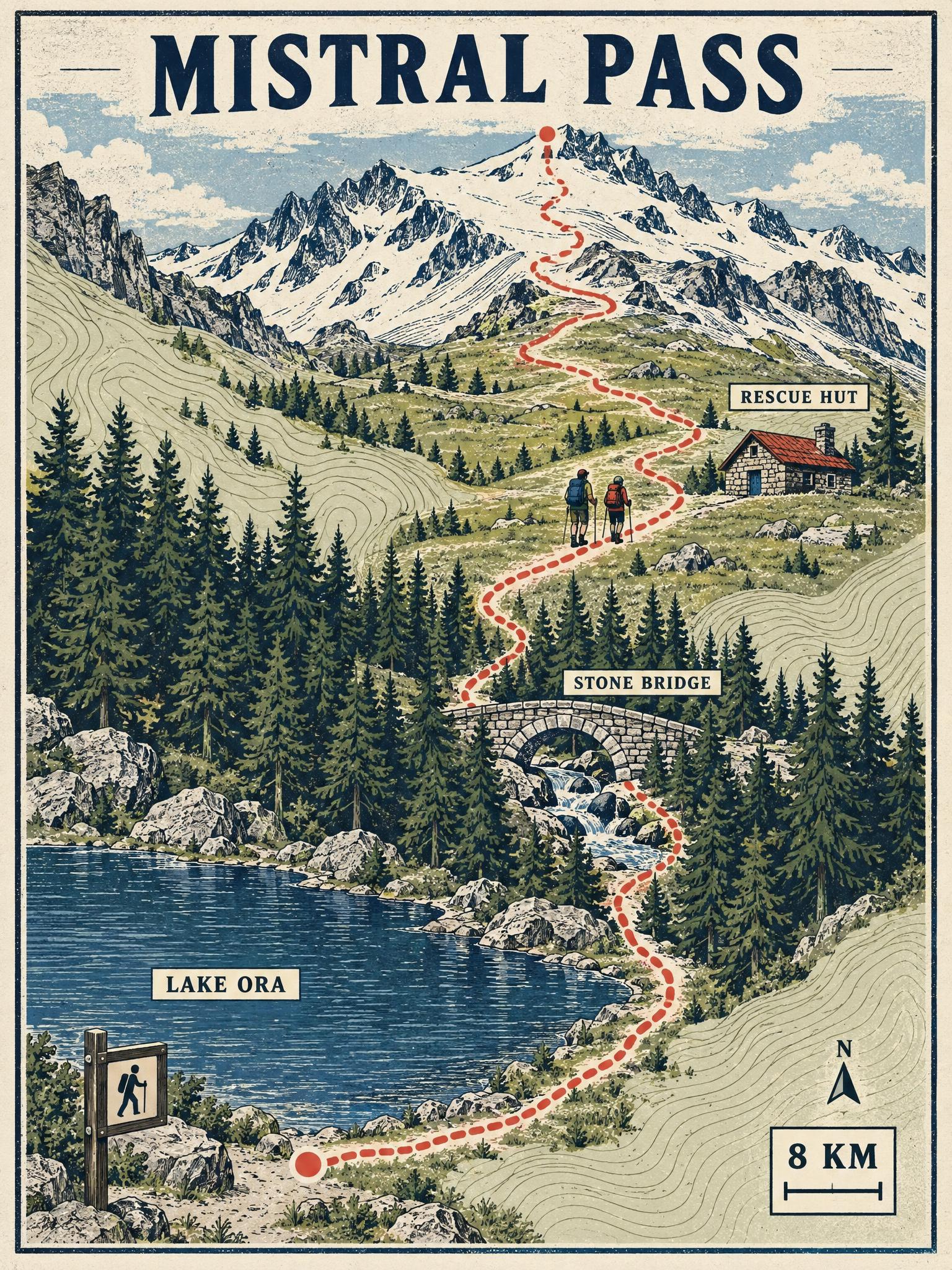 Trail Map Poster GPT Image 2.5 Prompt showing Mistral Pass illustrated route map