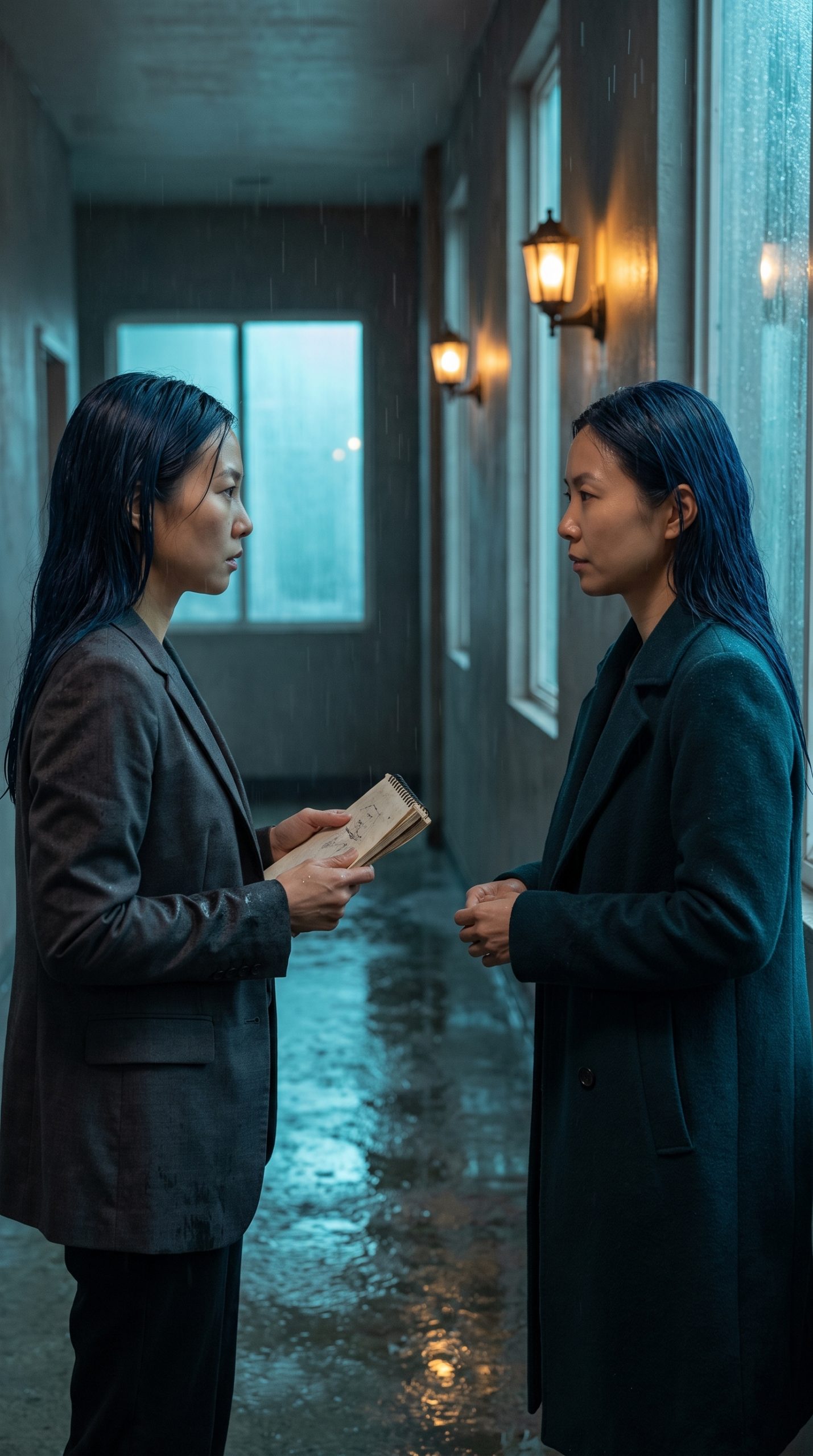 Two versions of the same woman in a rain-lit hallway, one in a charcoal blazer and one in a teal coat