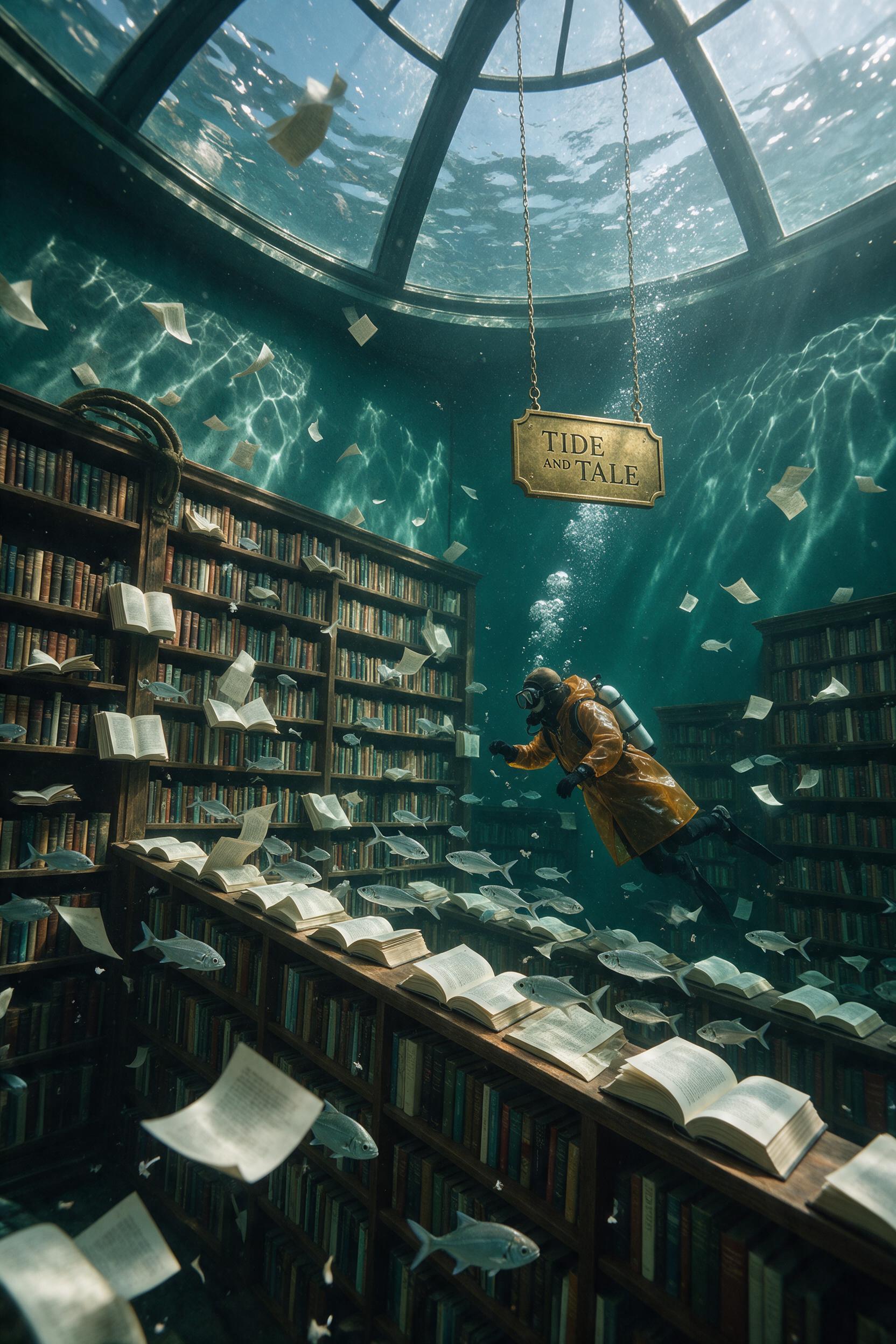 Underwater Bookstore Seedream 5.0 Pro Prompt glass-domed reading room