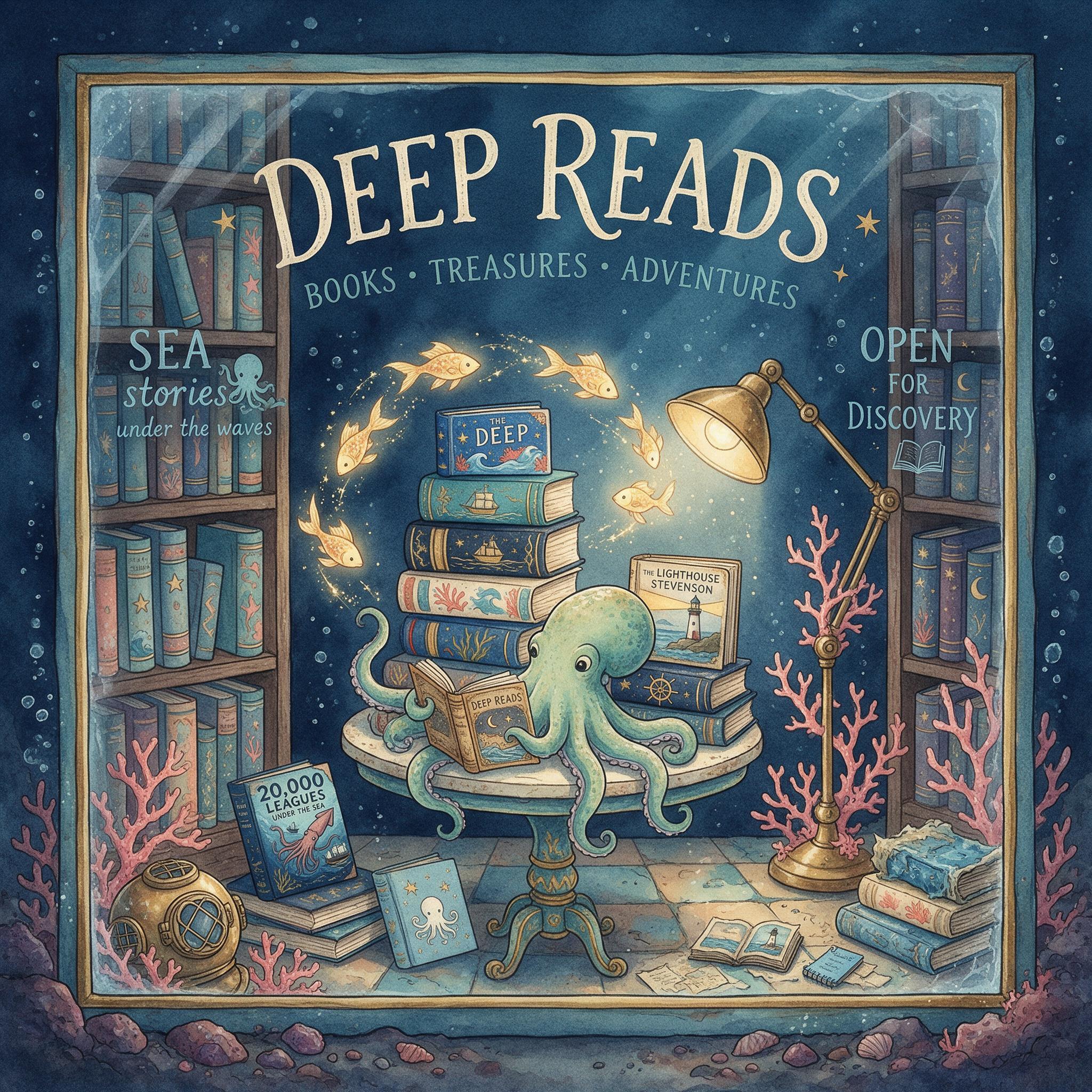 Illustrated underwater bookshop window with octopus and books