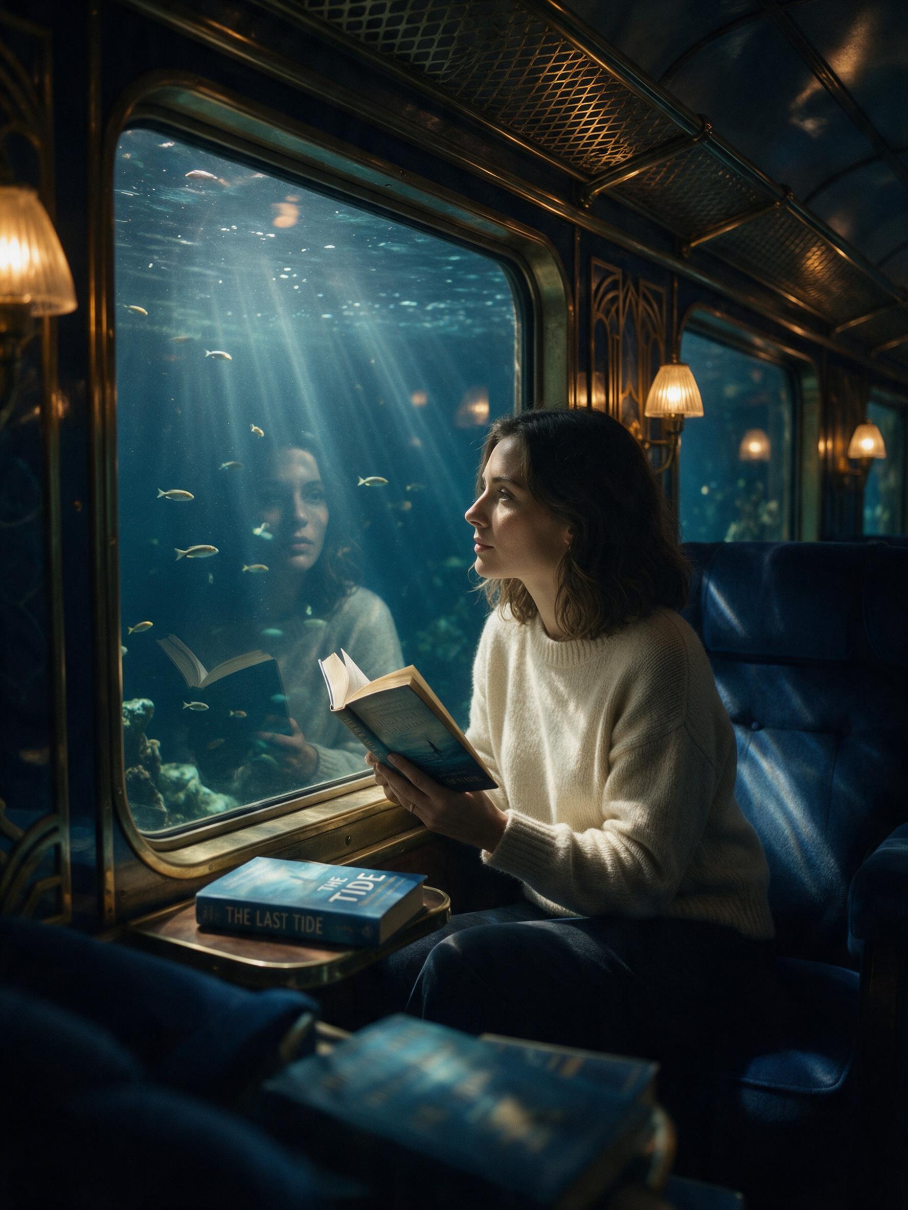 Underwater reading nook inside an art deco train carriage