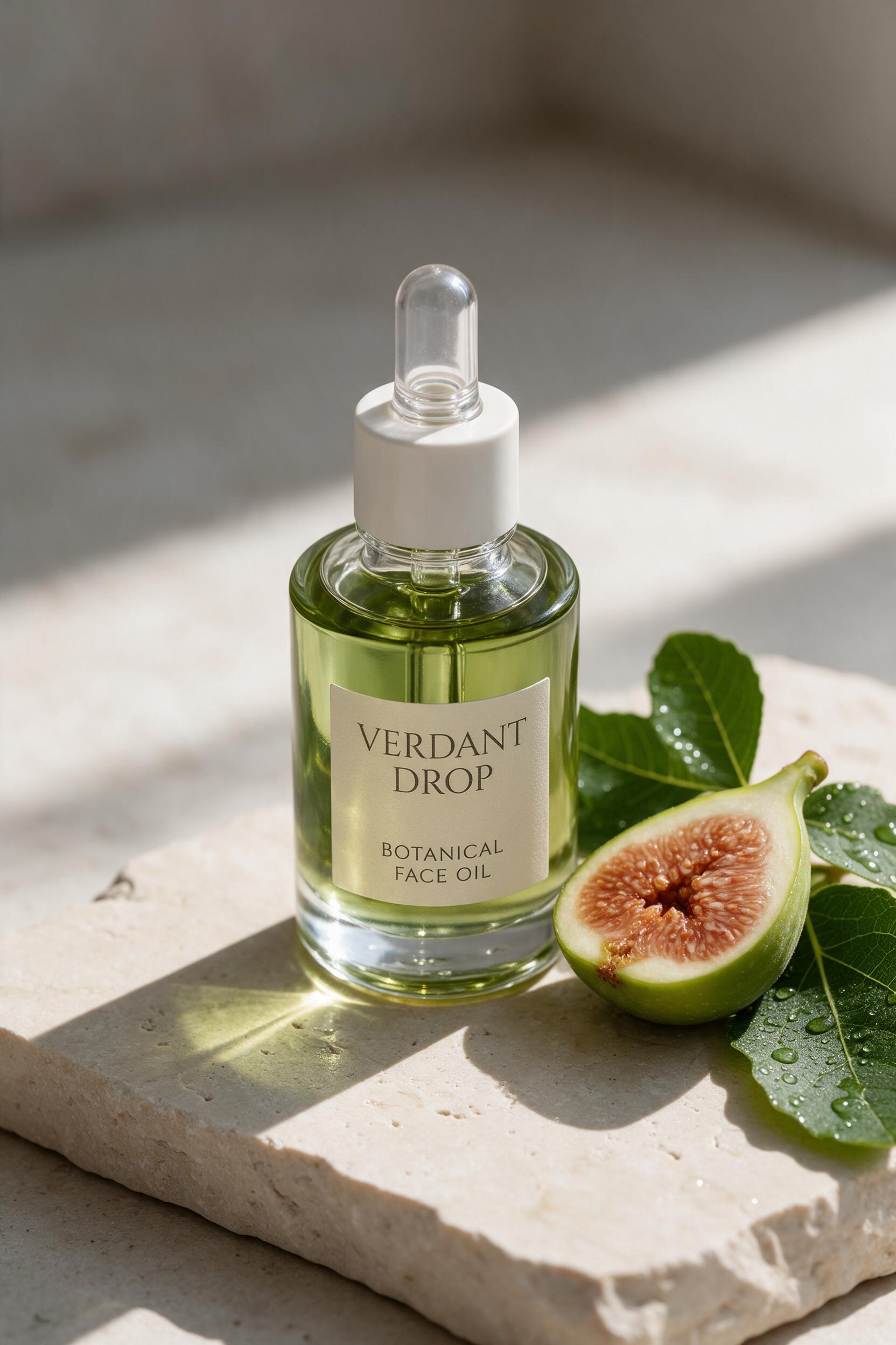 Botanical Face Oil Seedream 5.0 Pro Prompt with a readable beauty bottle label