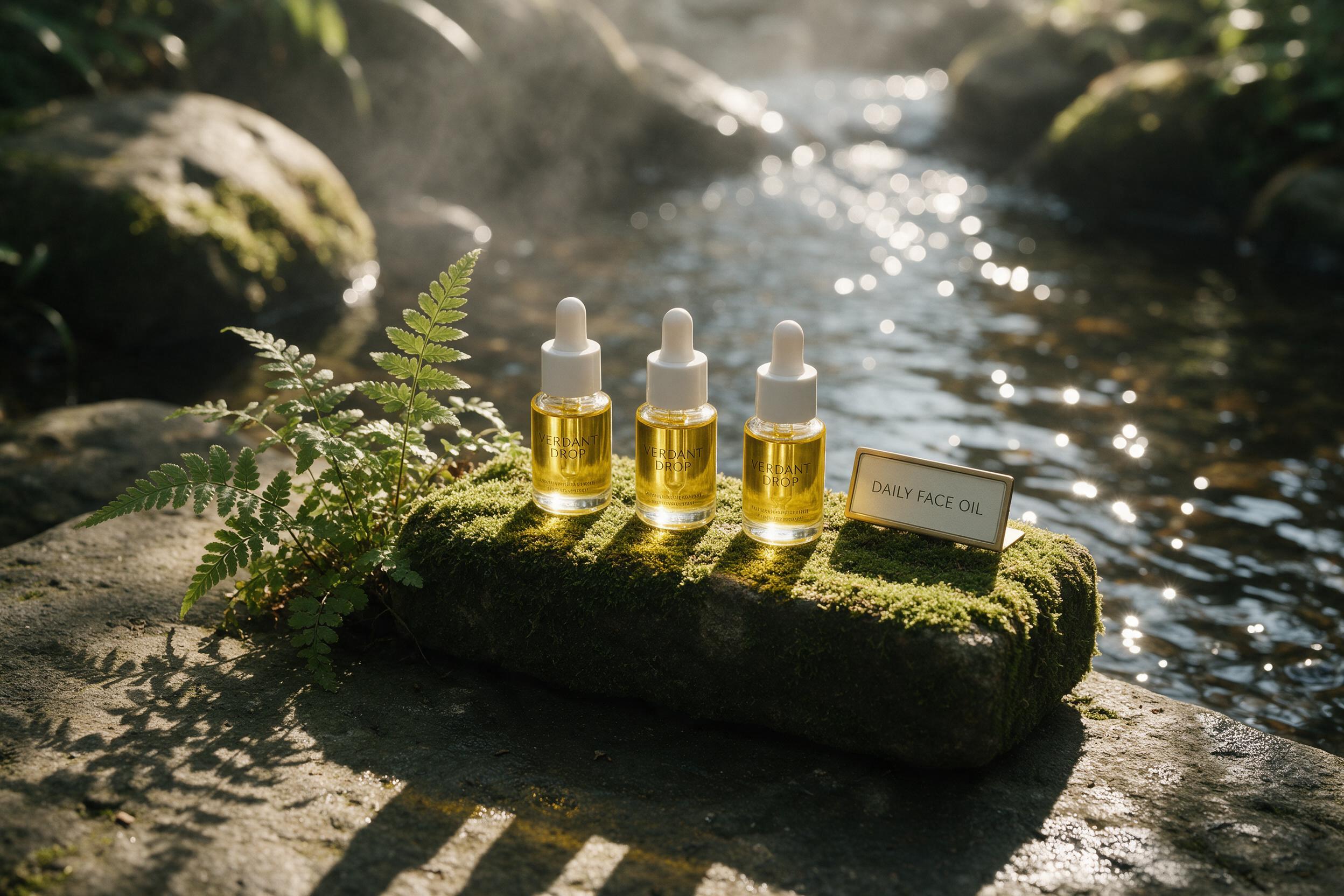 Wide botanical face oil campaign beside a sunlit stream