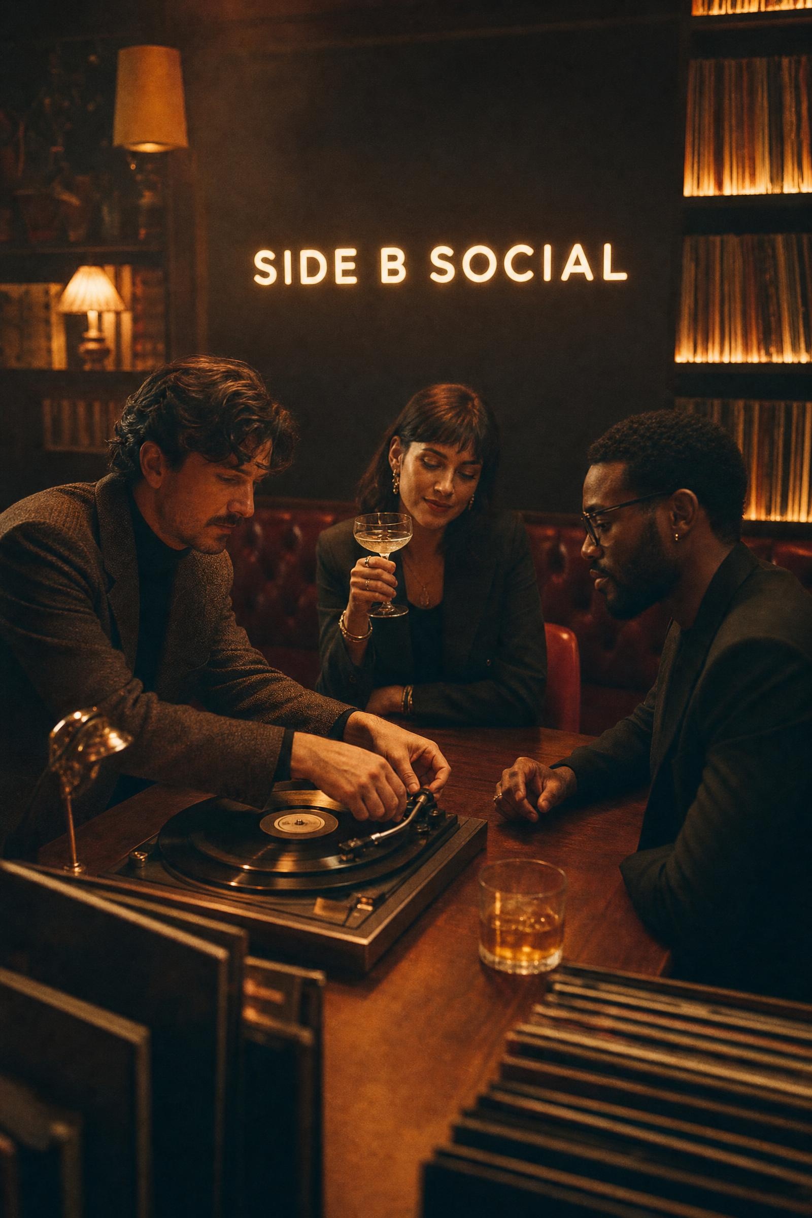 Vinyl Listening Bar GPT Image 2 Prompt with friends around a record player