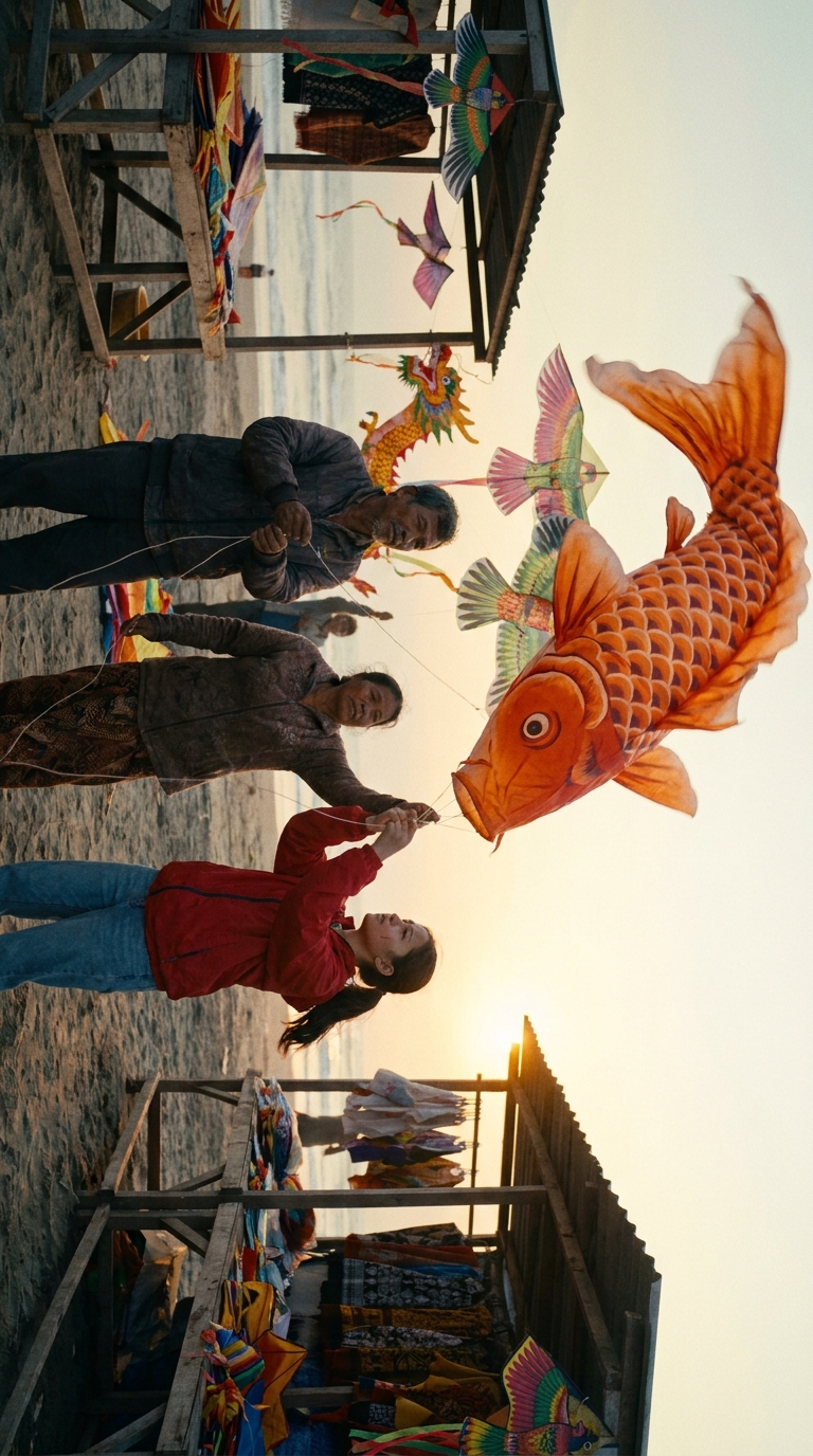 Sunrise Kite Market Wan 2.7 Prompt first frame with orange koi kite