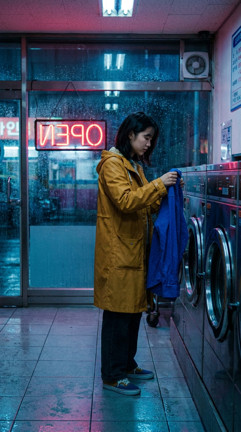 Night Shift Laundromat Wan 2.7 Prompt first frame with a woman folding laundry