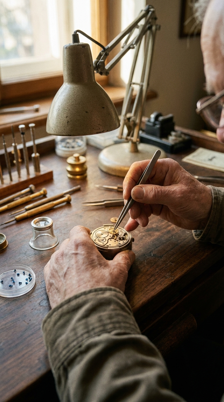 Mechanical Watchmaker Kling 3.0 Prompt poster frame showing hands repairing a wristwatch